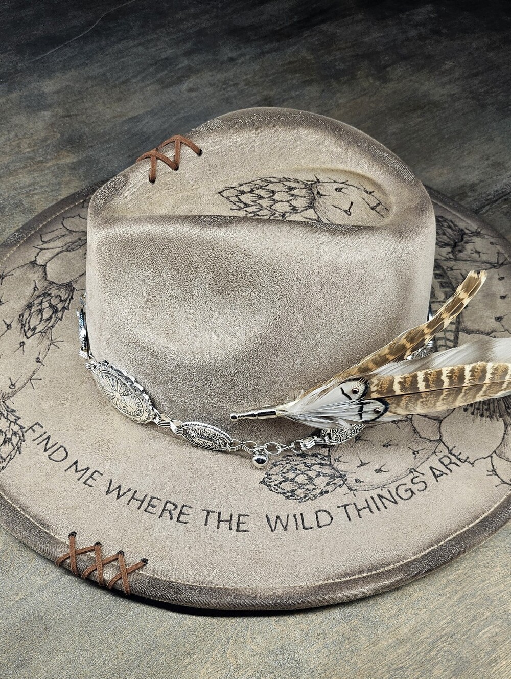 NEW Fedora Cowboy Hat "find me where the wild things are" hand burned w/ cactus